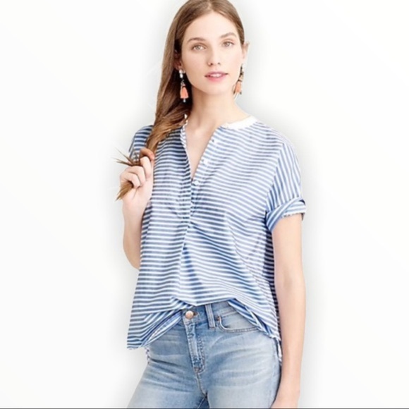 J. Crew Tops - J Crew Lightweight Blue White Stripe Short Sleeve Popover V Neck Shirt Blouse MD